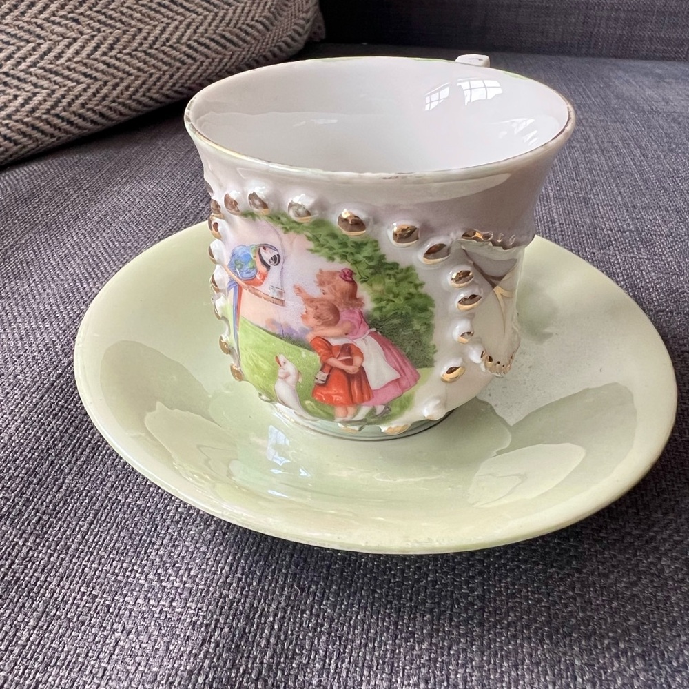 Vintage Green and Gold Embellished Teacup and Saucer Set gorgeous raised design